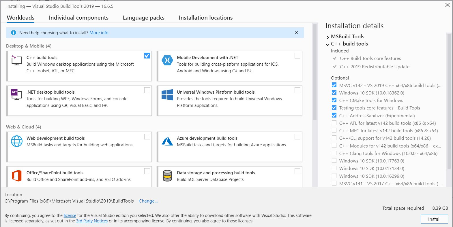Microsoft Build Tools for Visual Studio 2019 installation